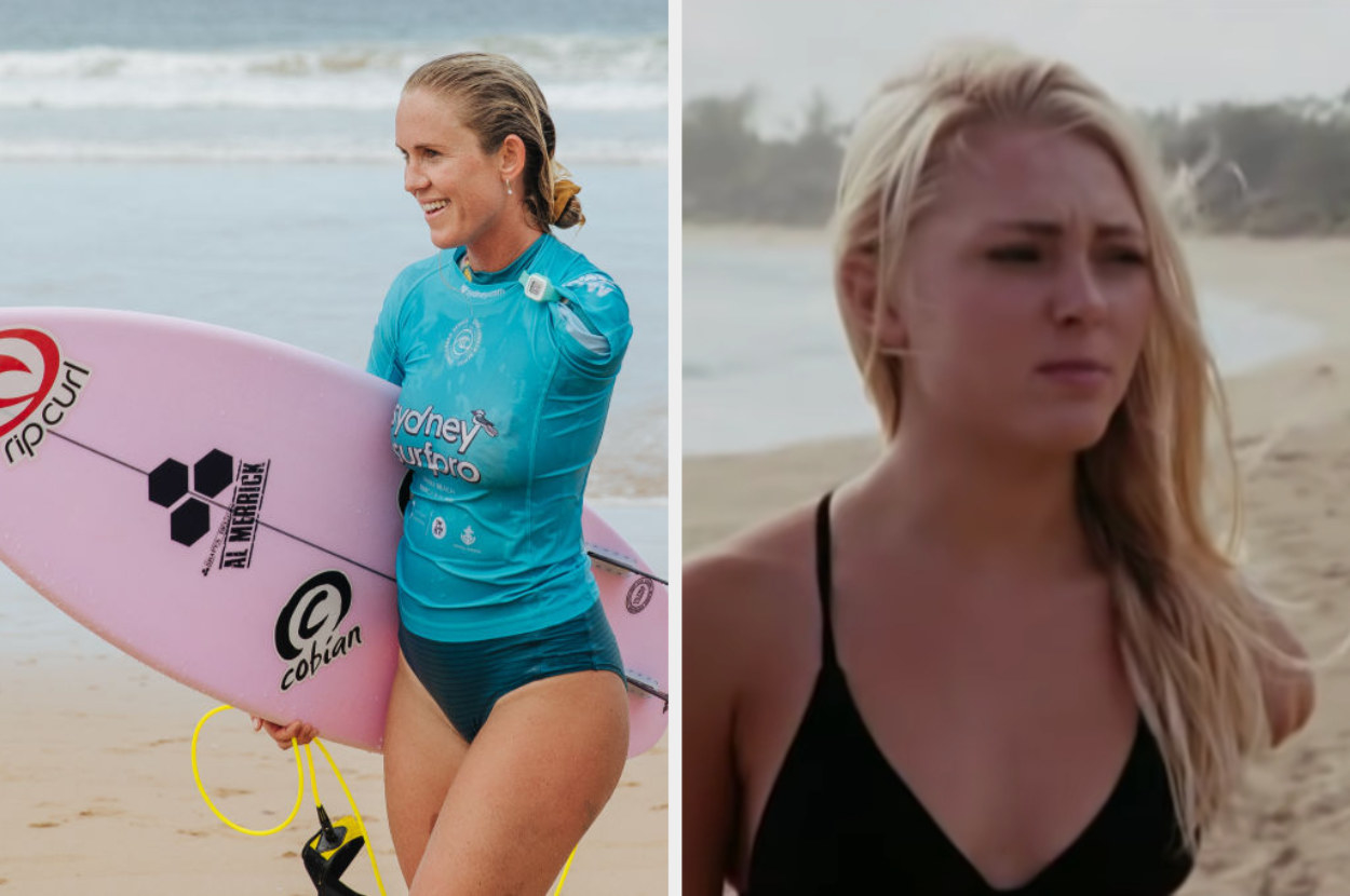 The real Hamilton during a surfing competition, and AnnaSophia Robb as her