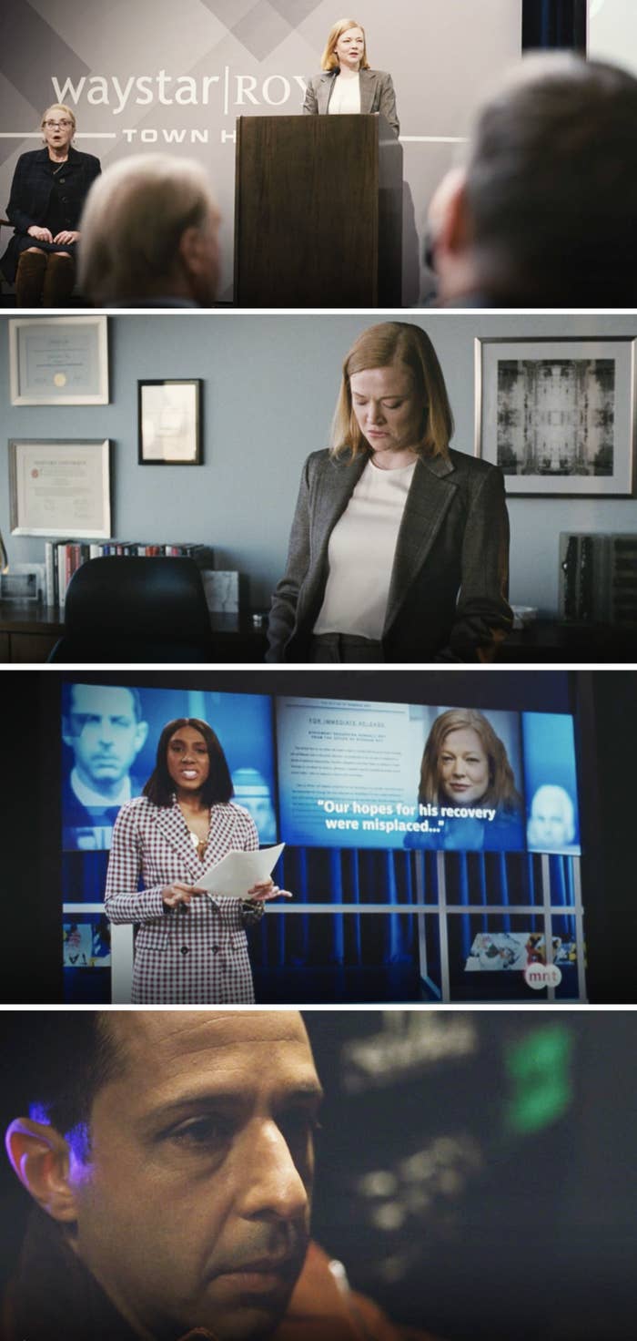 Shiv speaking at a podium and Kendall listening to a news broadcast