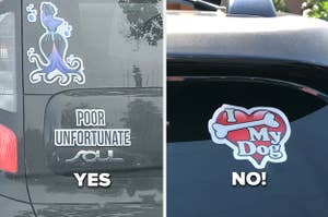 A bumper sticker that says poor unfortunate right over the model name Soul next to a car with a window sticker that says I bone my dog with a bone symbol