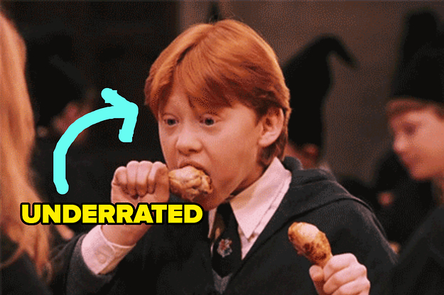 ron eating a chicken leg with underrated written under him