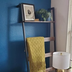 A reviewer shows the ladder shelf with one blanket and photos sitting on the top shelf