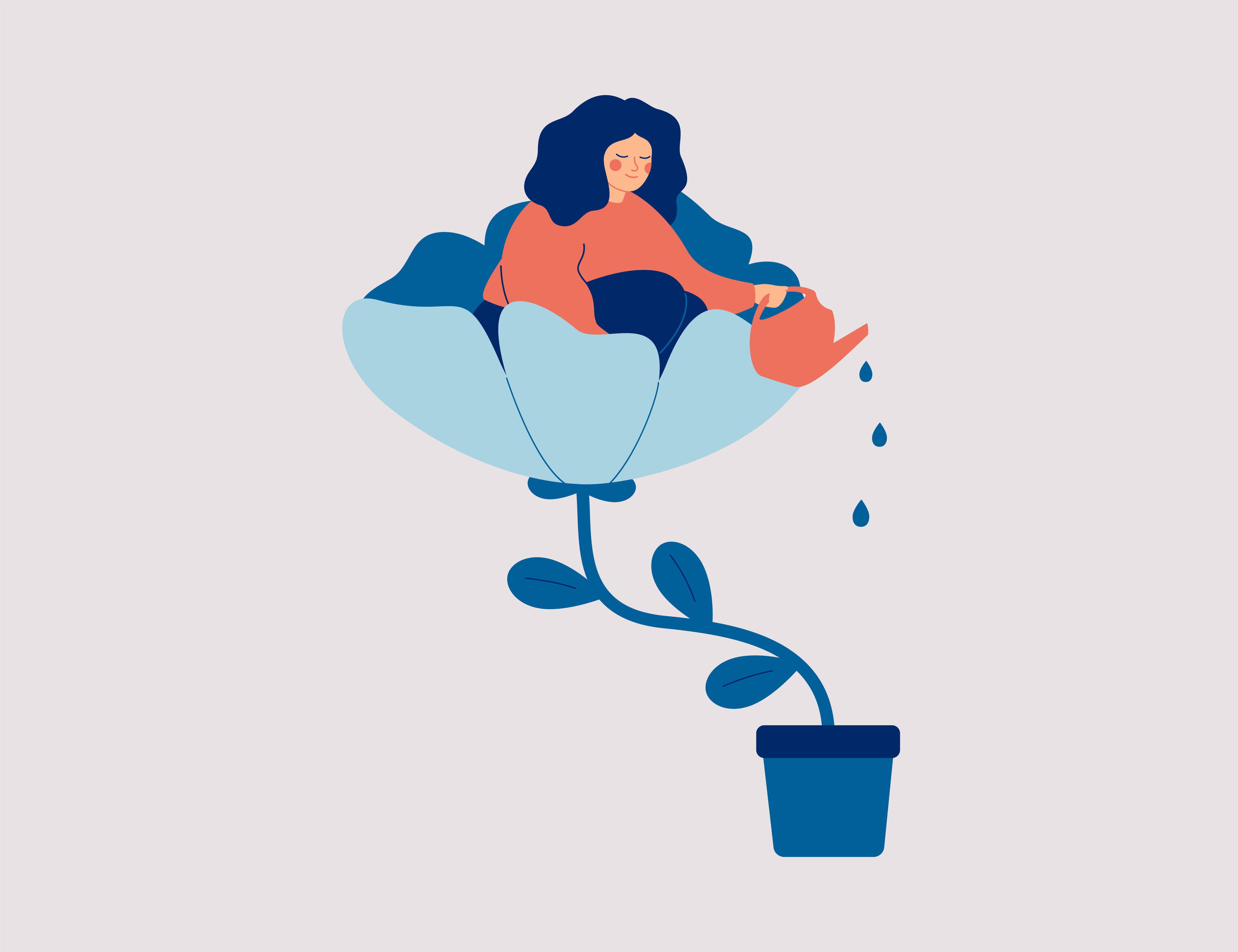 illustrated image of a woman pouring water into a pot that holds the plant of the flower she&#x27;s sitting in