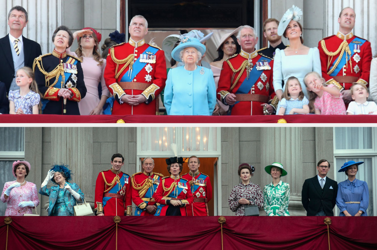 The real royal family on the balcony of Buckingham Palace, and their onscreen counterparts in the crown