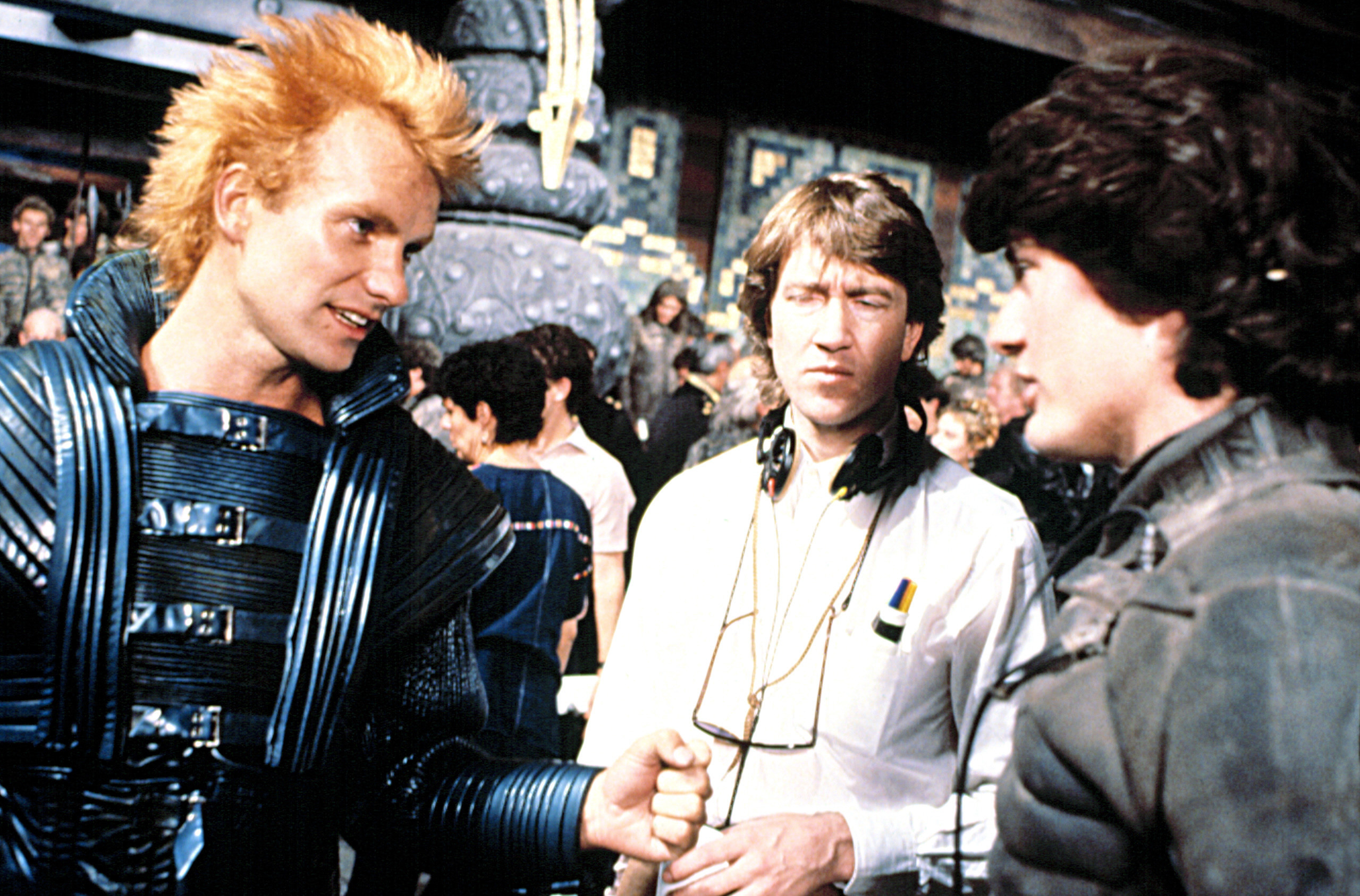 Sting, director David Lynch, and Kyle MacLachlan on the set of &quot;Dune&quot;