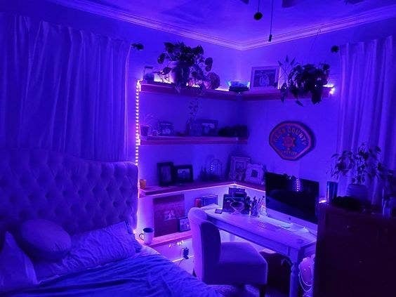 A reviewer's room with purple lights on