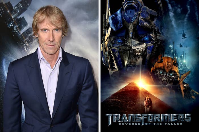 Michael Bay next to a poster for &quot;Transformers: Revenge of the Fallen&quot;
