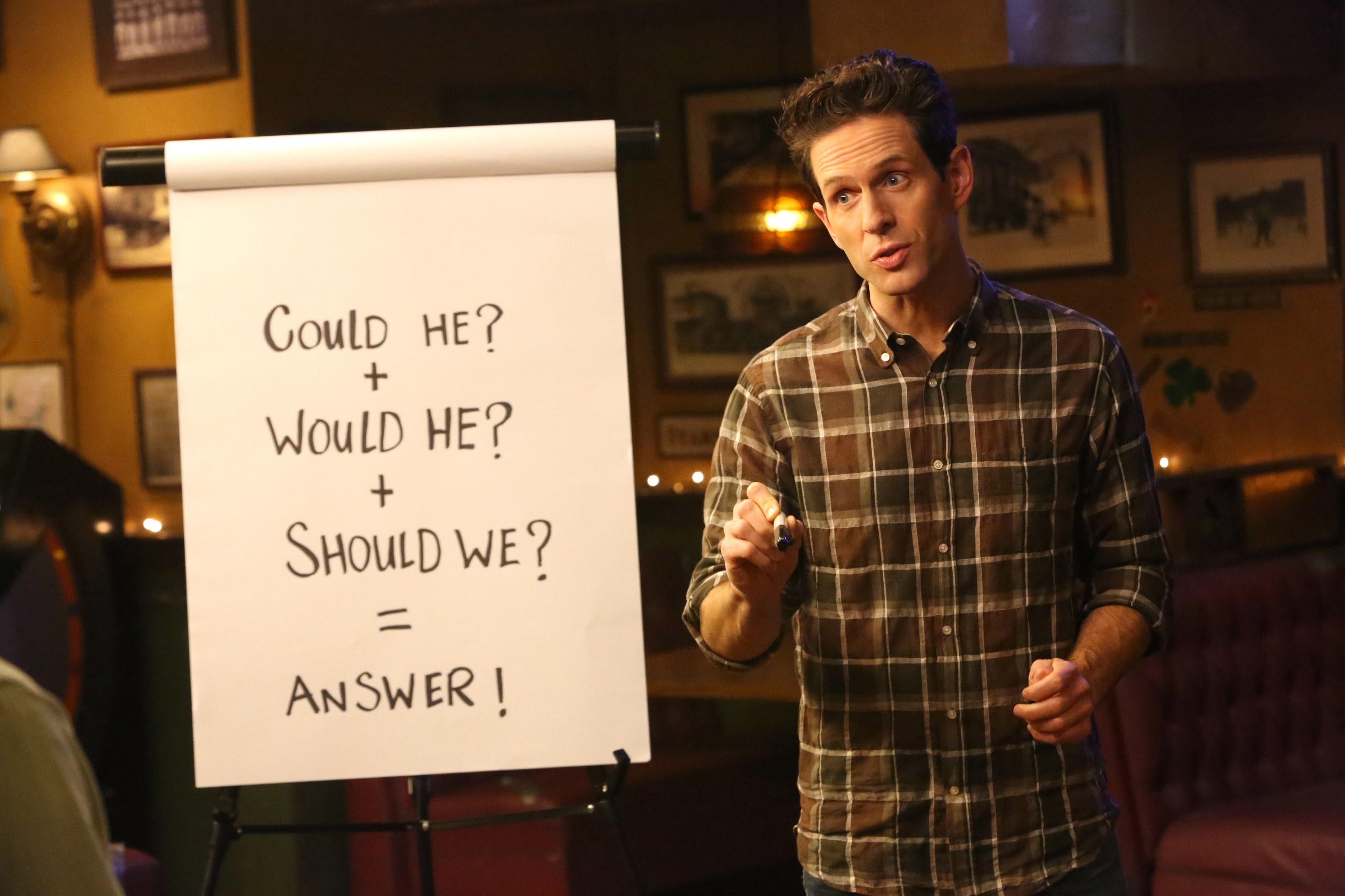 Dennis standing by sign: &quot;Could he + would he + should we = answer&quot;