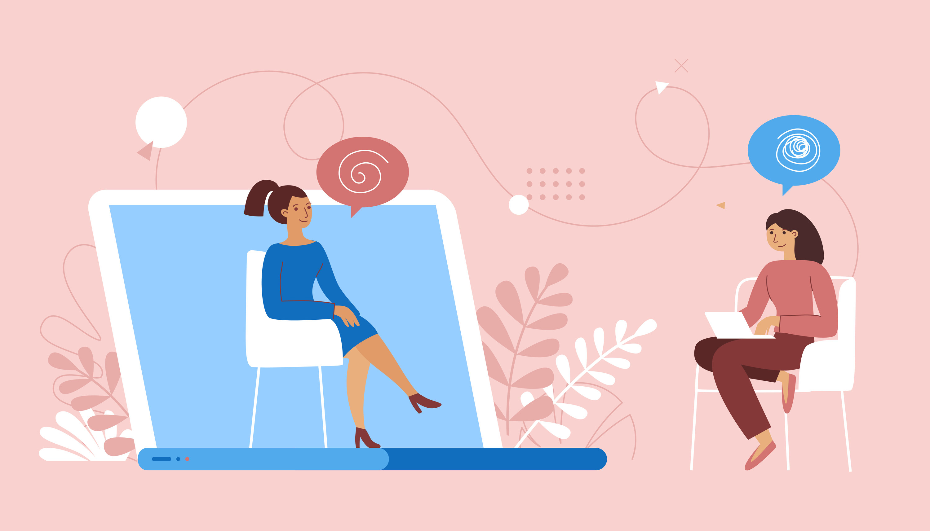 illustration of web therapy with a woman &quot;sitting&quot; in a computer while another sits in a chair outside the computer