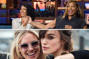 Two split photos featuring Jada Pinkett Smith and Queen Latifah, then Sienna Miller and Keira Knightley