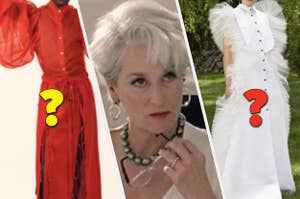 flowing dress option red and flowing dress option white, and Meryl Streep looking quizzical