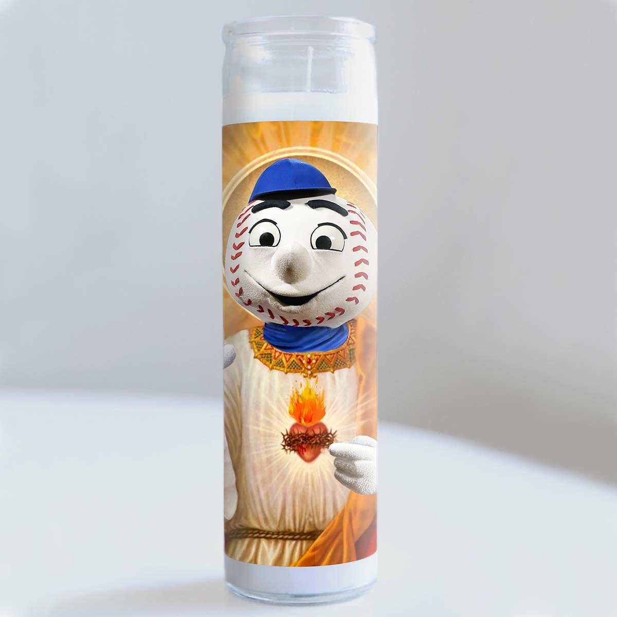 The candle with Mr Met dressed as a saint
