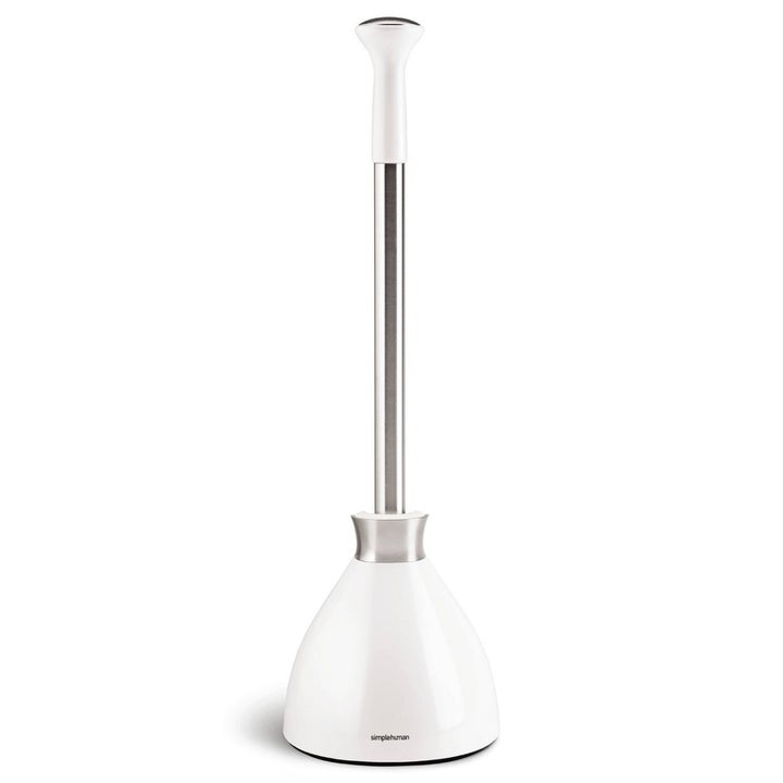 A white toilet plunger with dome shaped cover