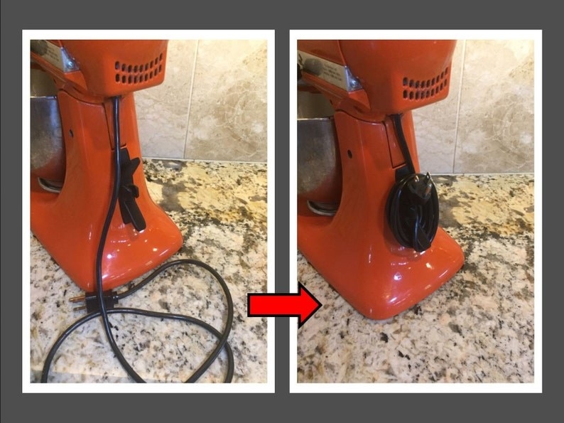 on left, red KitchenAid mixer with messy black cord. on right, same mixer with neatly-wrapped cord using black cord organizer