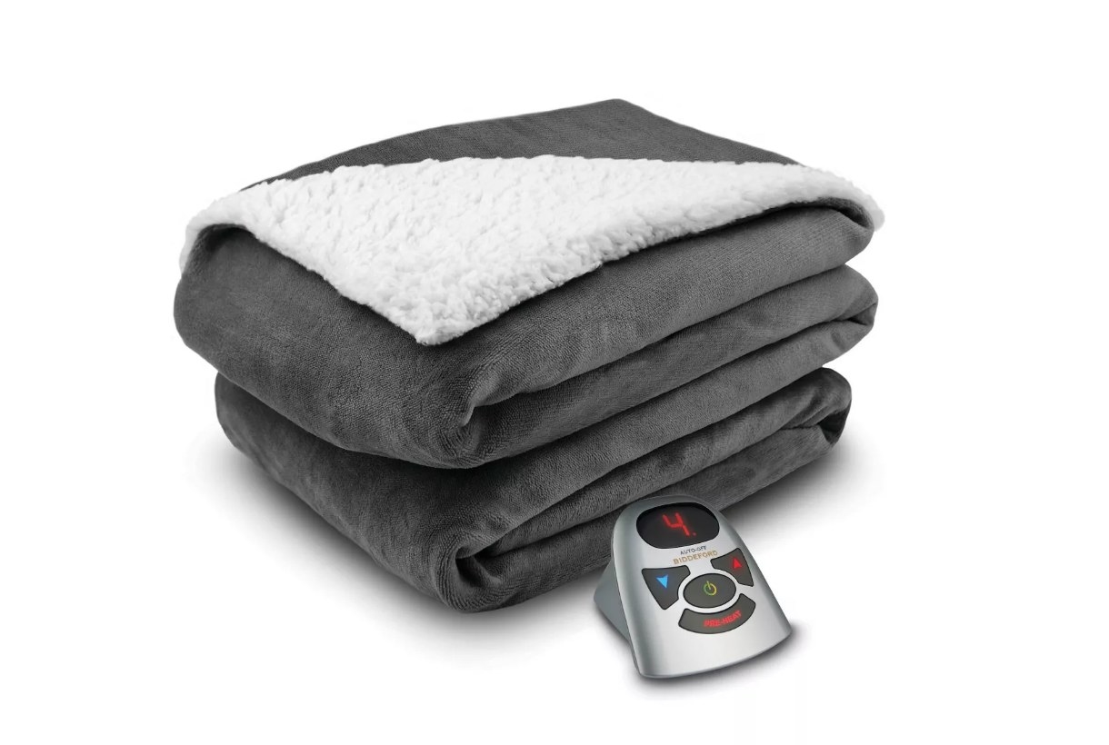 A grey velour sherpa electric blanket