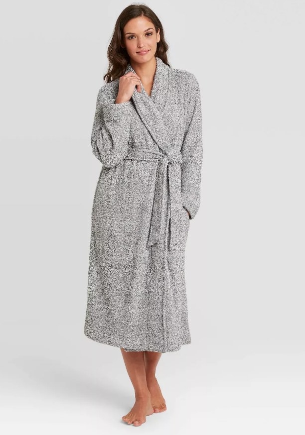 A model wearing a grey chenille robe