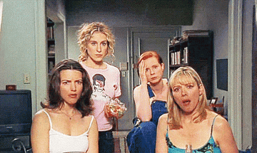 Charlotte, Carrie, Miranda, and Samantha looking shocked and confused