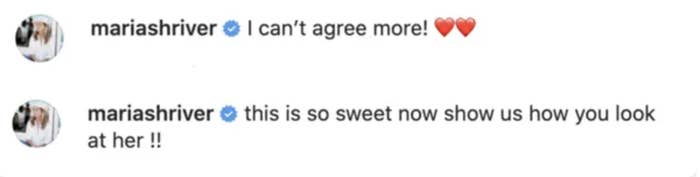 Screenshot of Maria saying "I can't agree more!" and "This is so sweet now show us how you look at her !!"