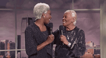 GIF of &quot;Dionne&quot; and the real Dionne smiling and standing together and hugging