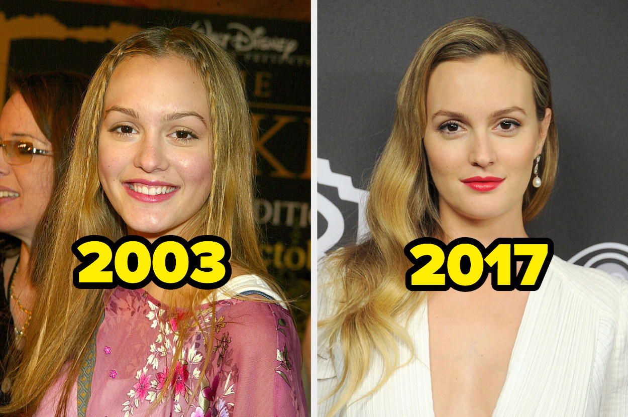 Leighton Meester in 2003 and in 2017 arriving at the 18th Annual Post-Golden Globes Party