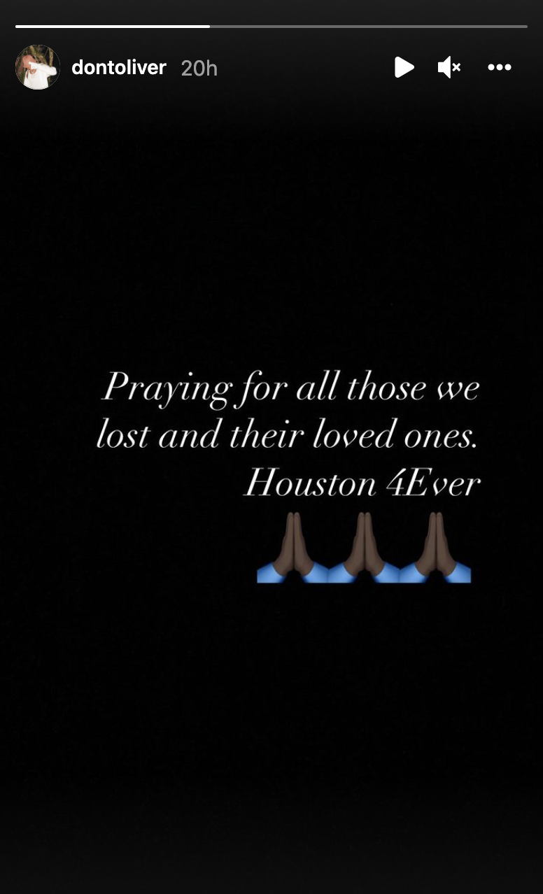 Screenshot of Don&#x27;s IG story saying, &quot;Praying for all those we lost and their loved ones. Houston 4Ever&quot;