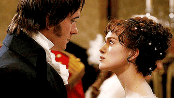 Matthew Macfadyen and Keira Knightley in Pride and Prejudice look passionately into each other&#x27;s eyes