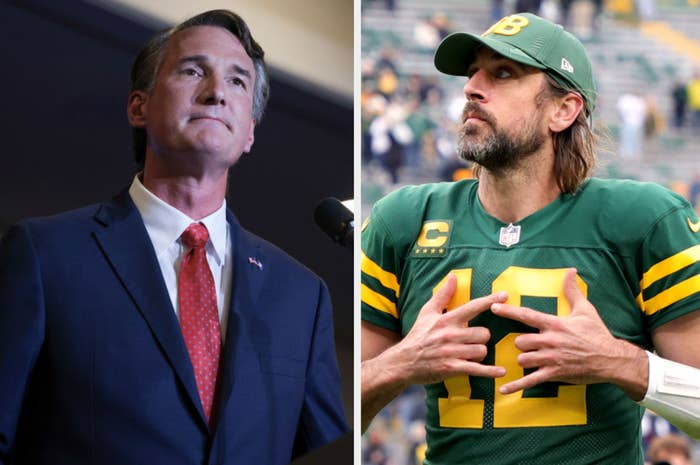 Winner of Virginia governor race Glenn Youngkin on the left and Aaron Rodgers in uniform on the right