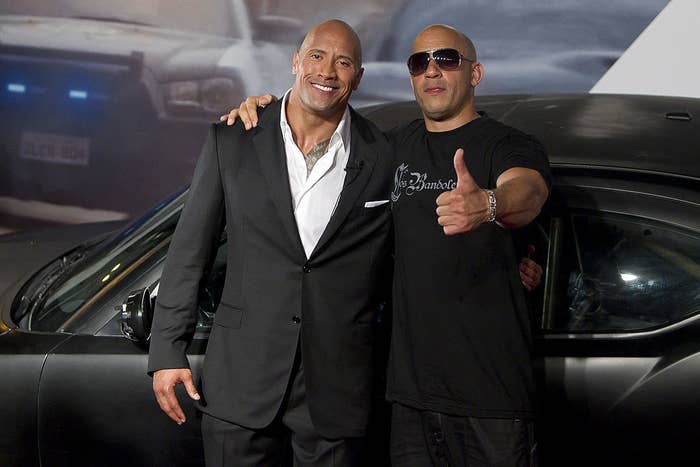 Dwayne Johnson (The Rock) and Vin Diesel pose for photographers during the premiere of the movie &quot;Fast and Furious 5&quot;