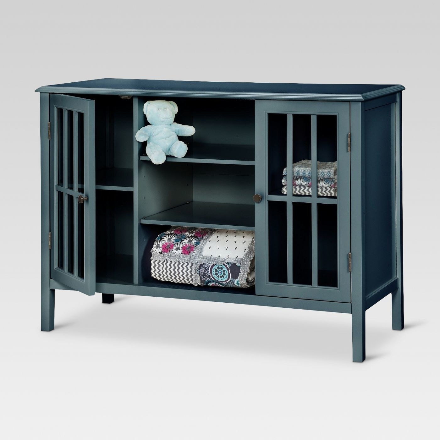 Dark blue cabinet with three shelves and two compartments