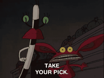 A GIF with animated characters and take your pick written on it