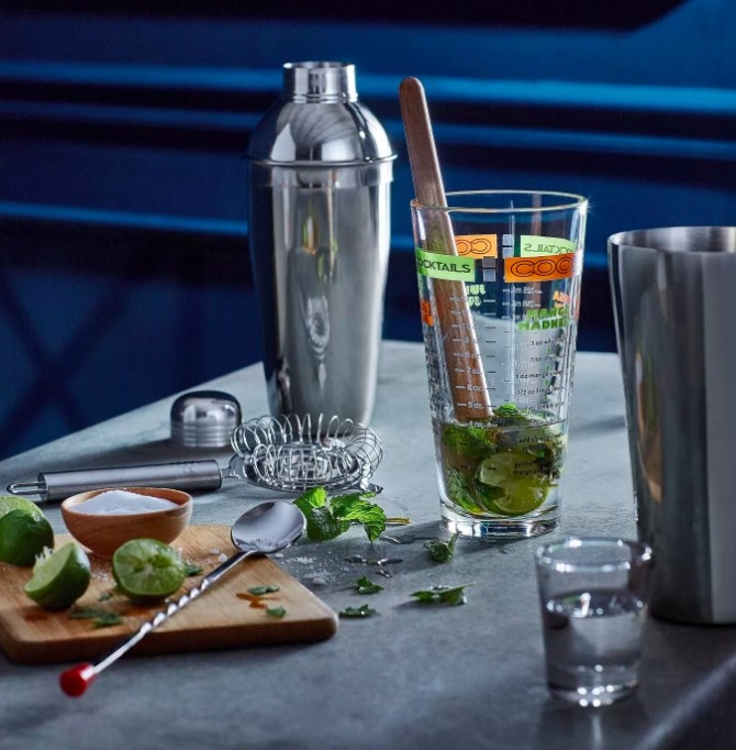 The cocktail set being used to make a mojito