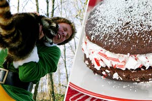 will ferrell getting attacked by a raccoon in elf on the left and a candy cane cookie sandwich on the right