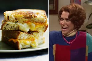 a grilled cheese on the left and kristen wiig as the woman who loves surprises on the right