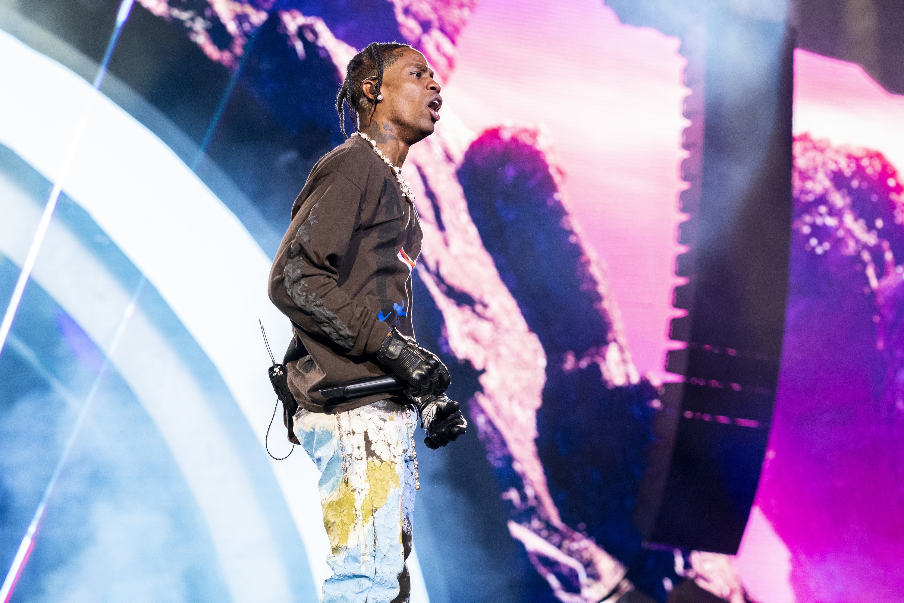 Travis Scott performing onstage during the third annual Astroworld Festival at NRG Park on November 5, 2021.