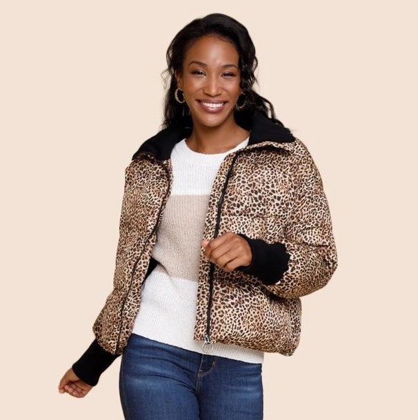 model in cheetah print puffer jacket