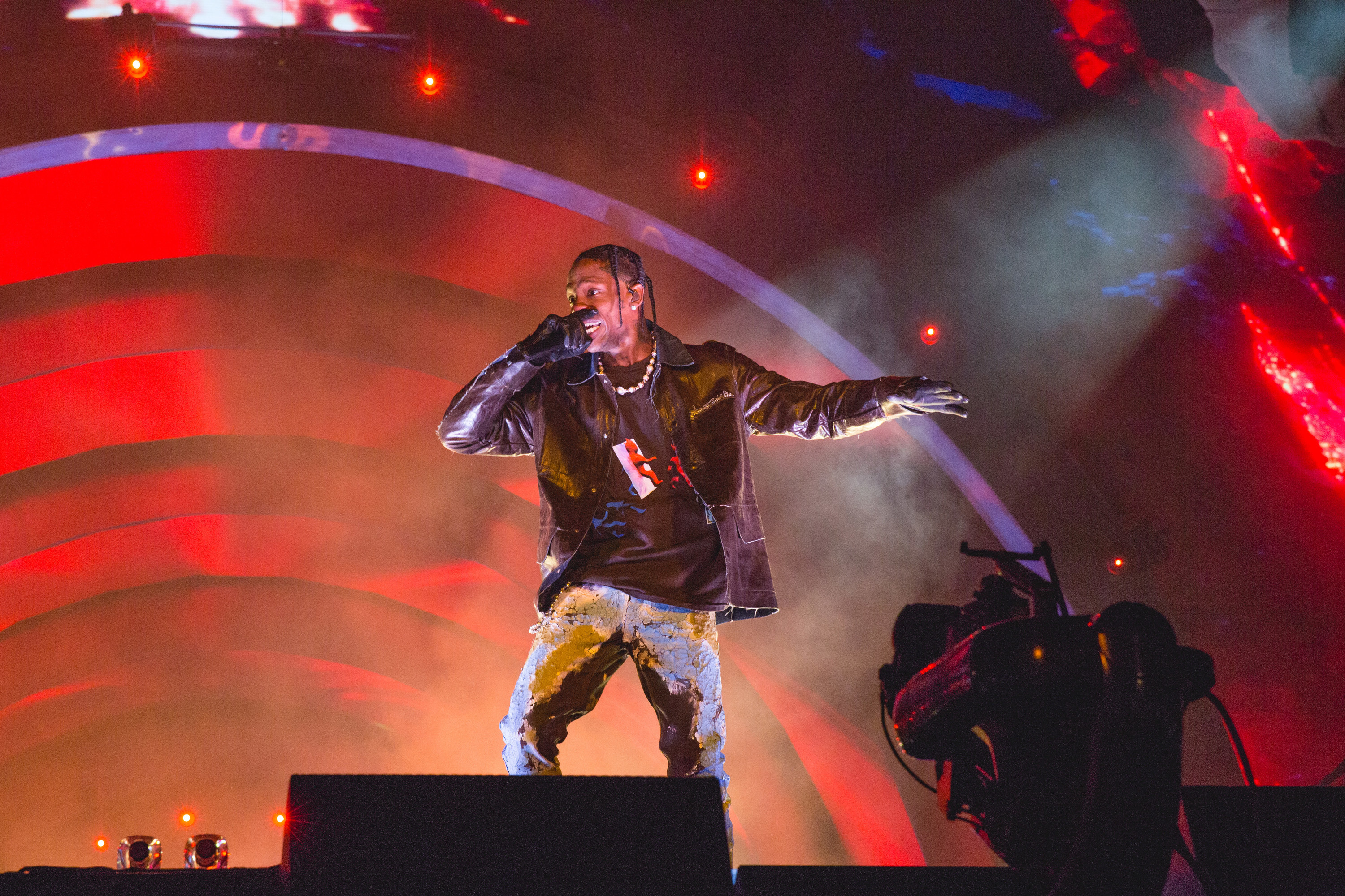 Travis Scott performing onstage during the third annual Astroworld Festival at NRG Park on November 5, 2021.