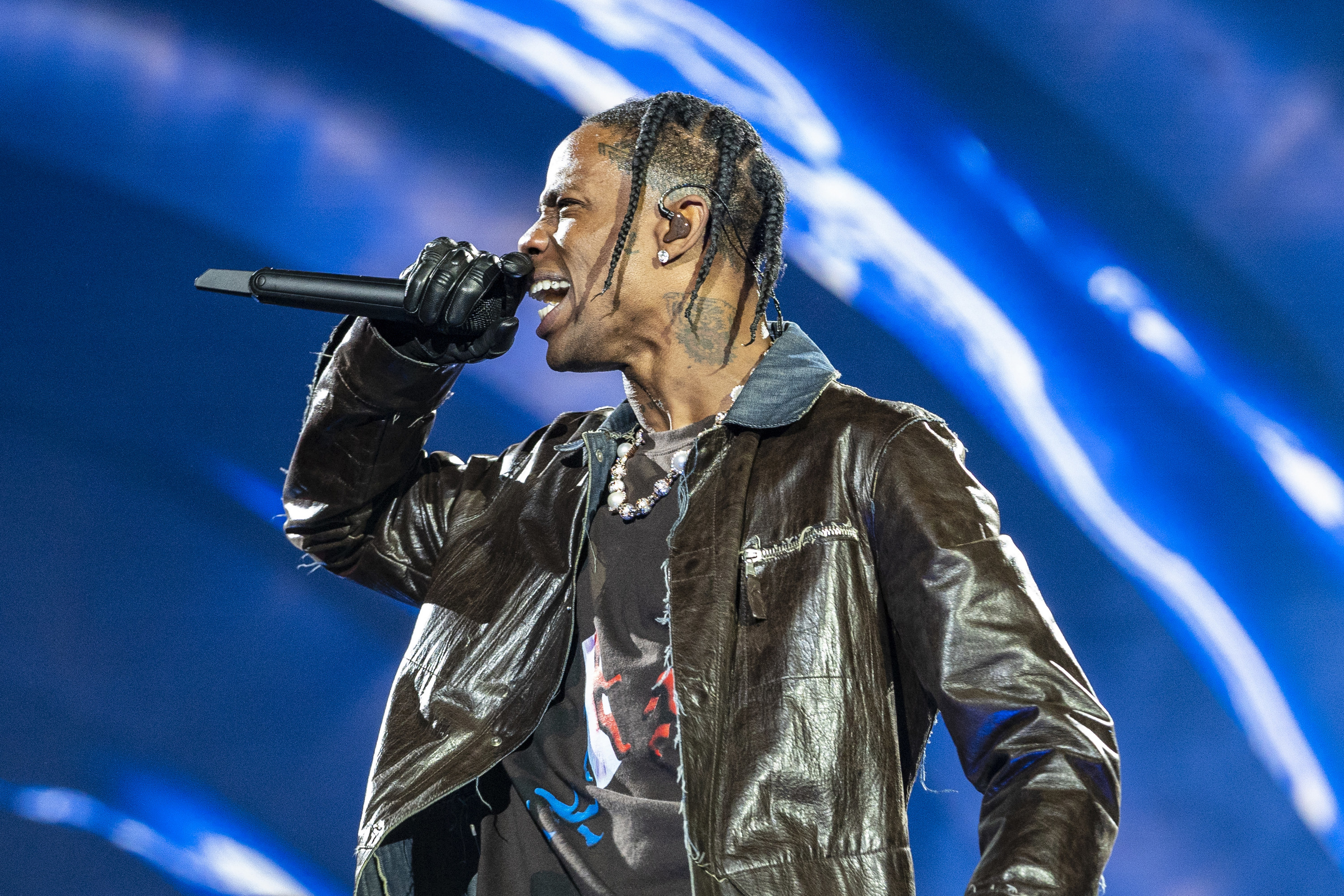 Travis Scott performing onstage during the third annual Astroworld Festival at NRG Park on November 5, 2021.