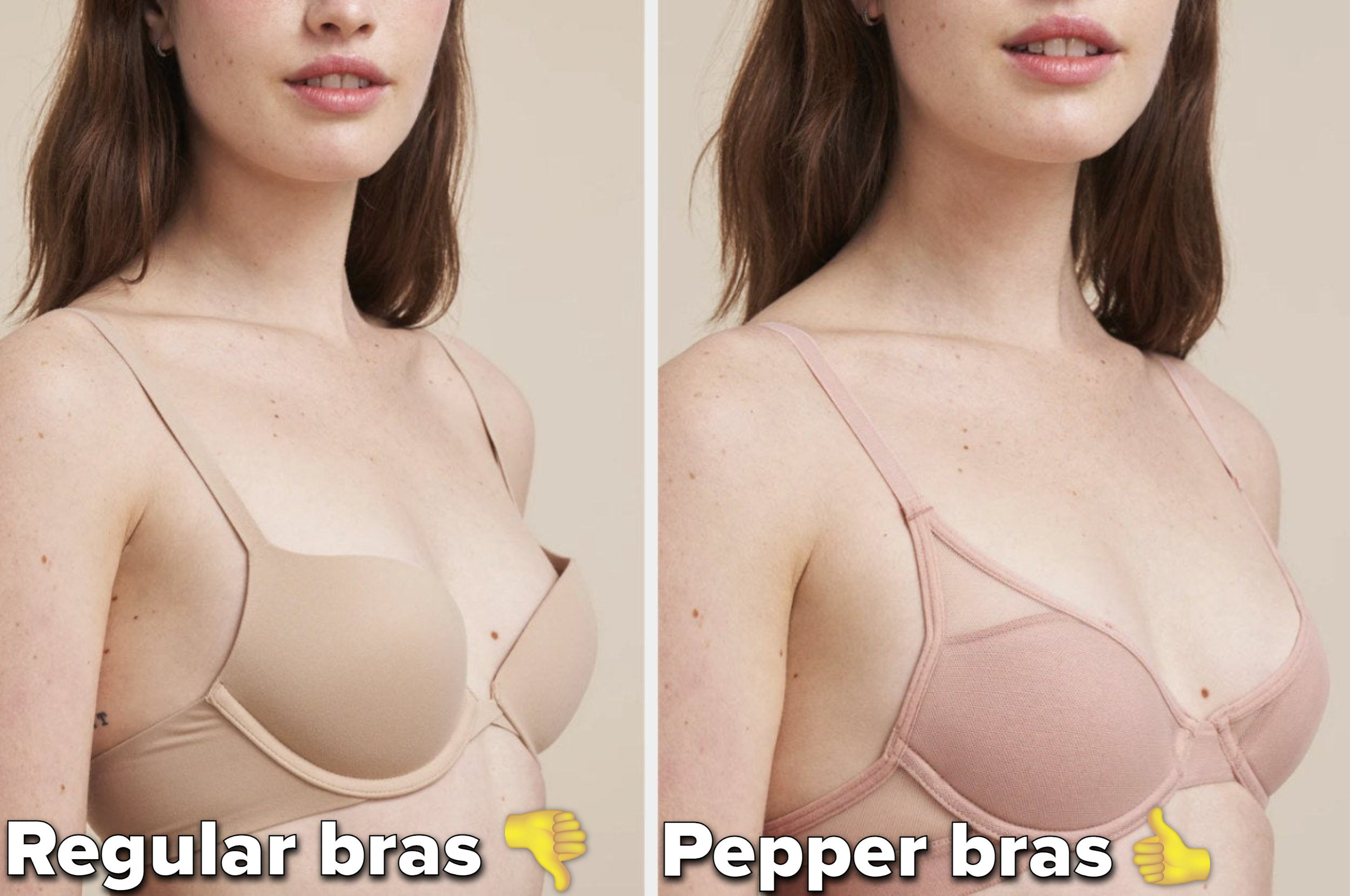 model side-by-side wearing a normal bra with gapping, and a pink pepper bra that fits well