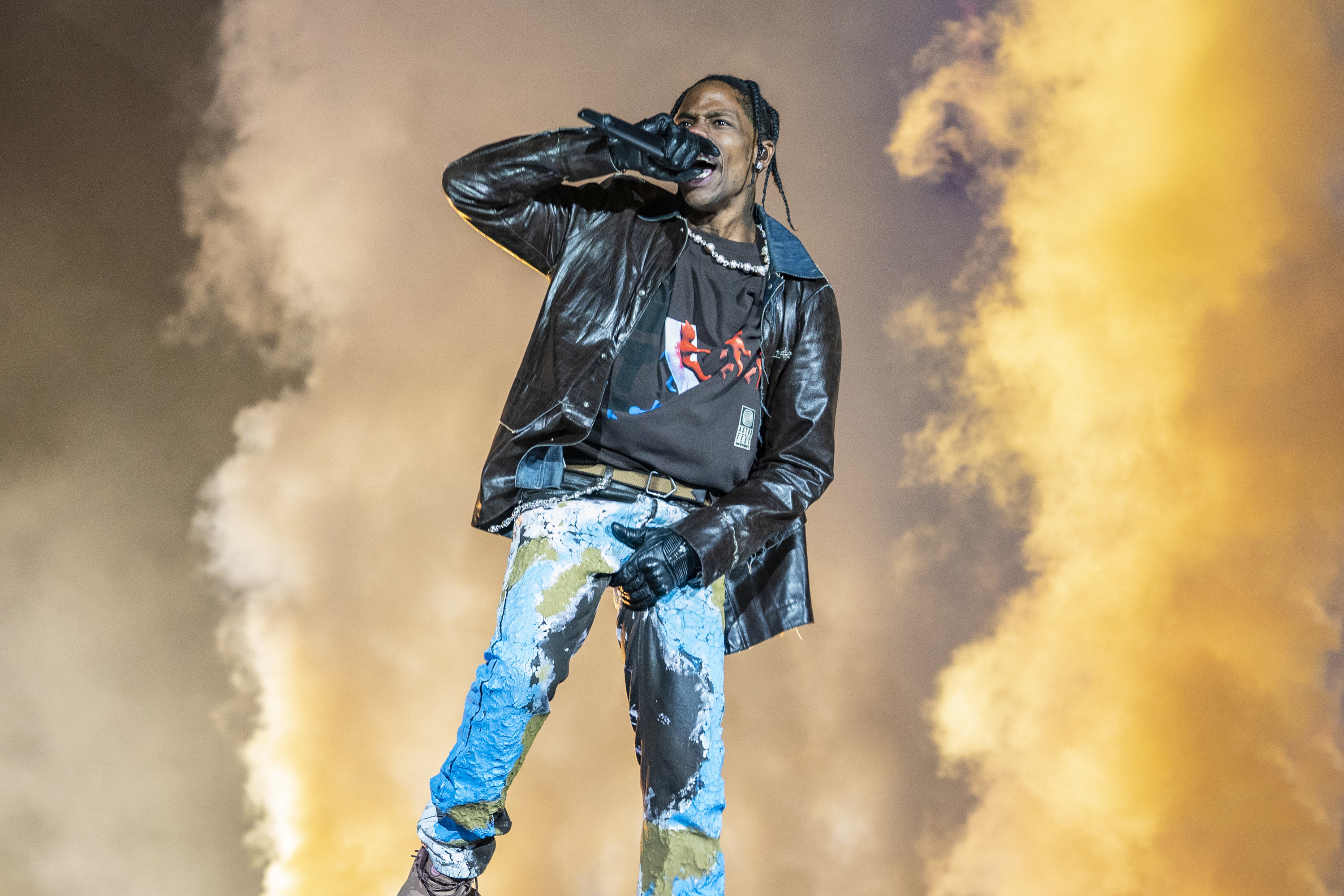 Travis Scott performing onstage during the third annual Astroworld Festival at NRG Park on November 5, 2021.
