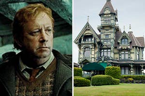 arthur weasley on the left and a victorian mansion on the right