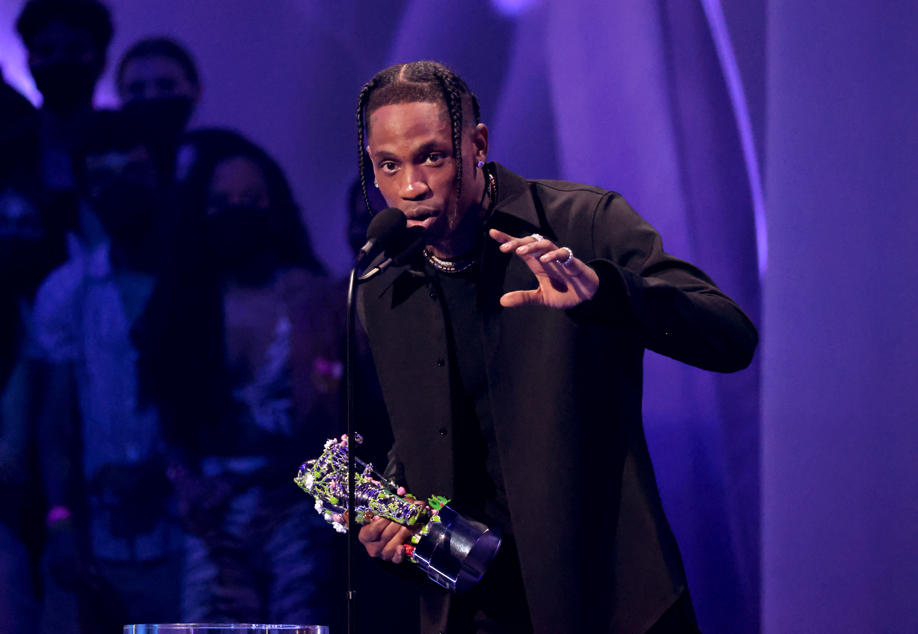 Travis Scott accepts award for &#x27;Best Hip-Hop Video&#x27; at the MTV VMAs on September 12, 2021.