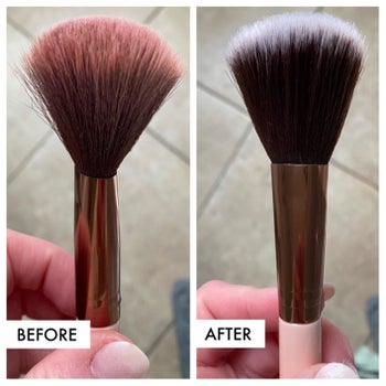 Reviewer before and after photo of their makeup brush dirty and then clean