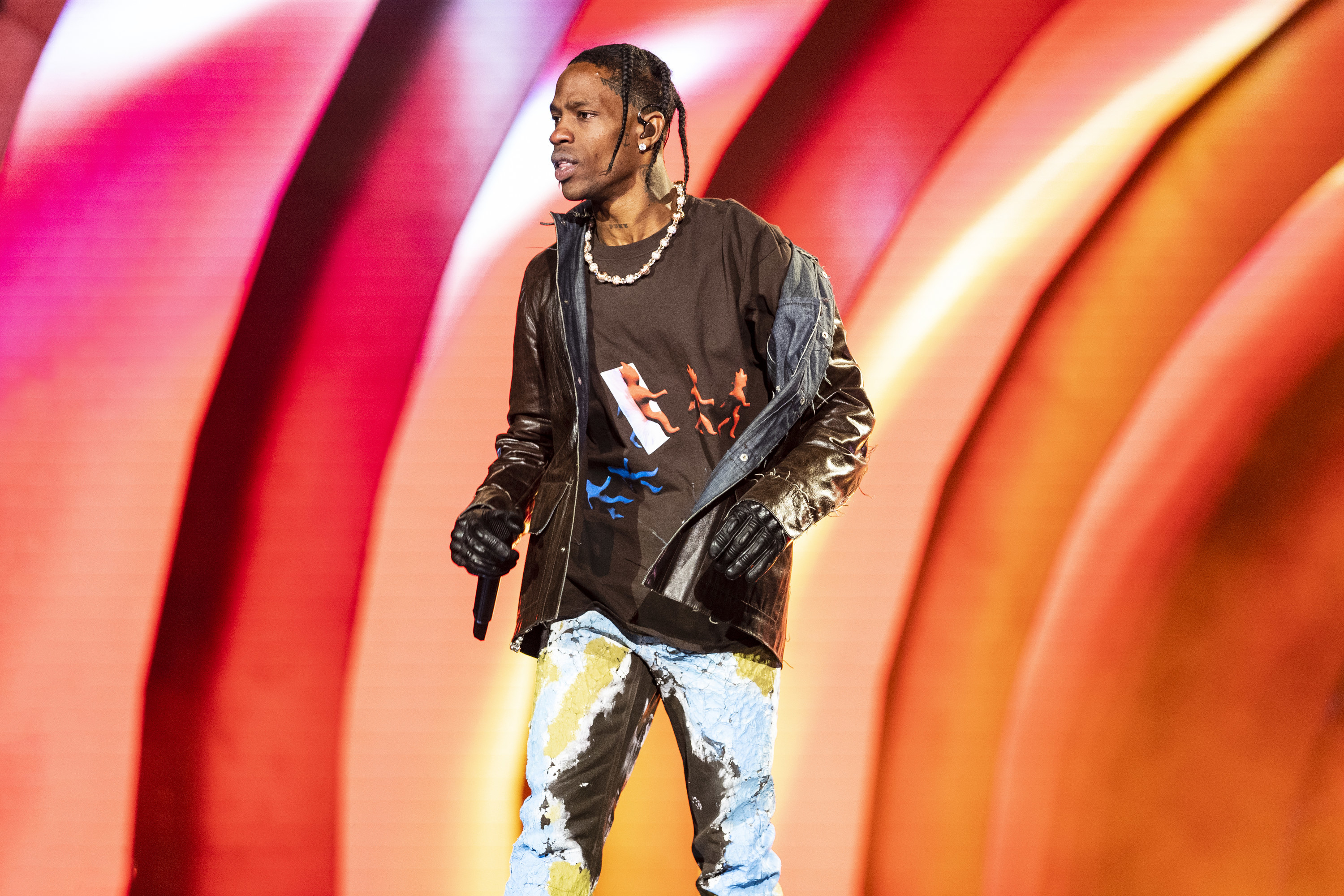 Travis Scott performing onstage during the third annual Astroworld Festival at NRG Park on November 5, 2021.