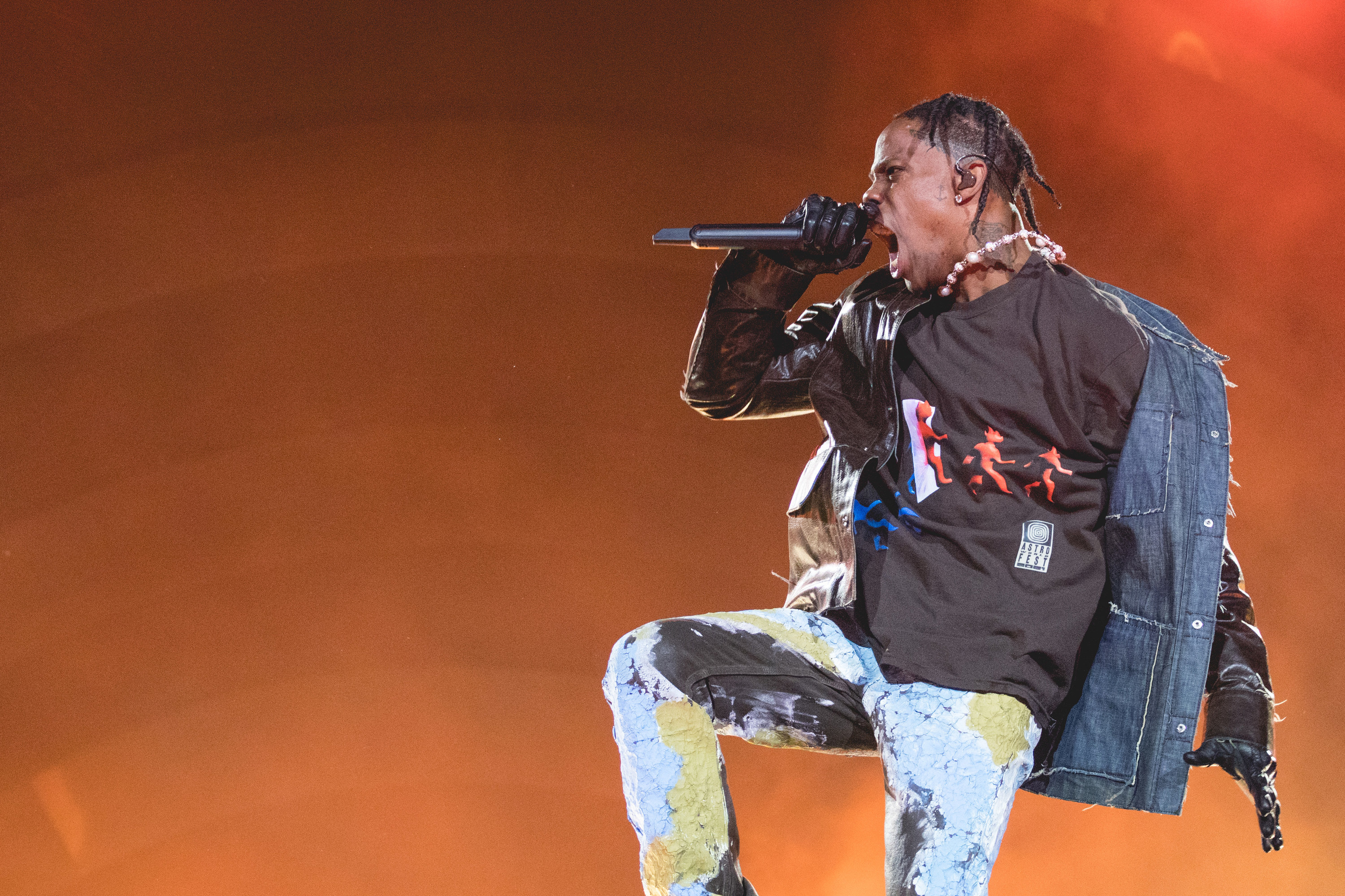 Travis Scott performing onstage during the third annual Astroworld Festival at NRG Park on November 5, 2021.