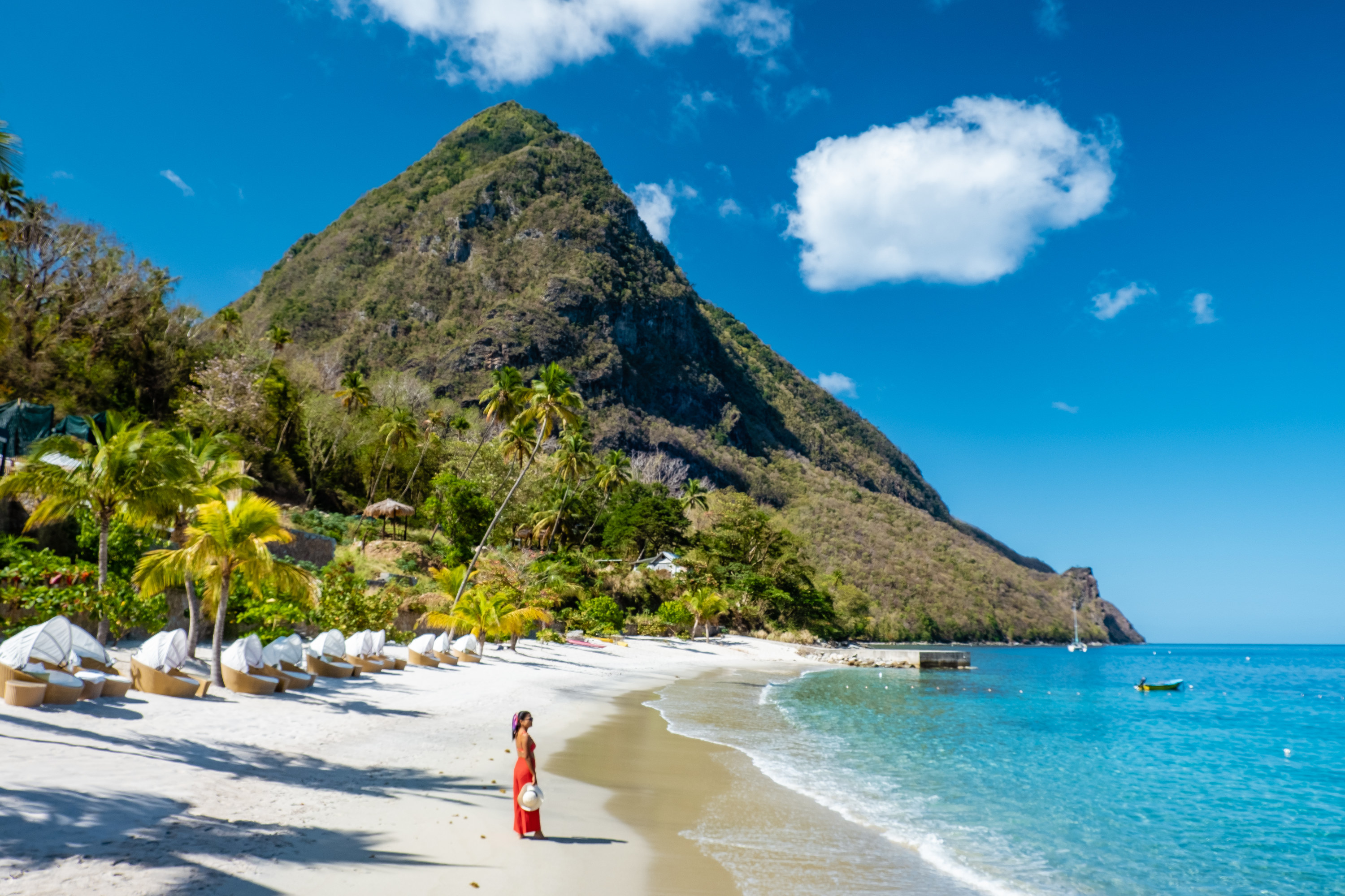 St Lucia Caribbean, woman on vacation at the tropical Island of Saint Lucia Caribbean ocean