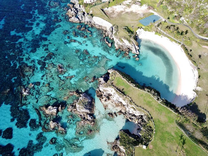 The drone aerial view of sinky bay beach, Bermuda.