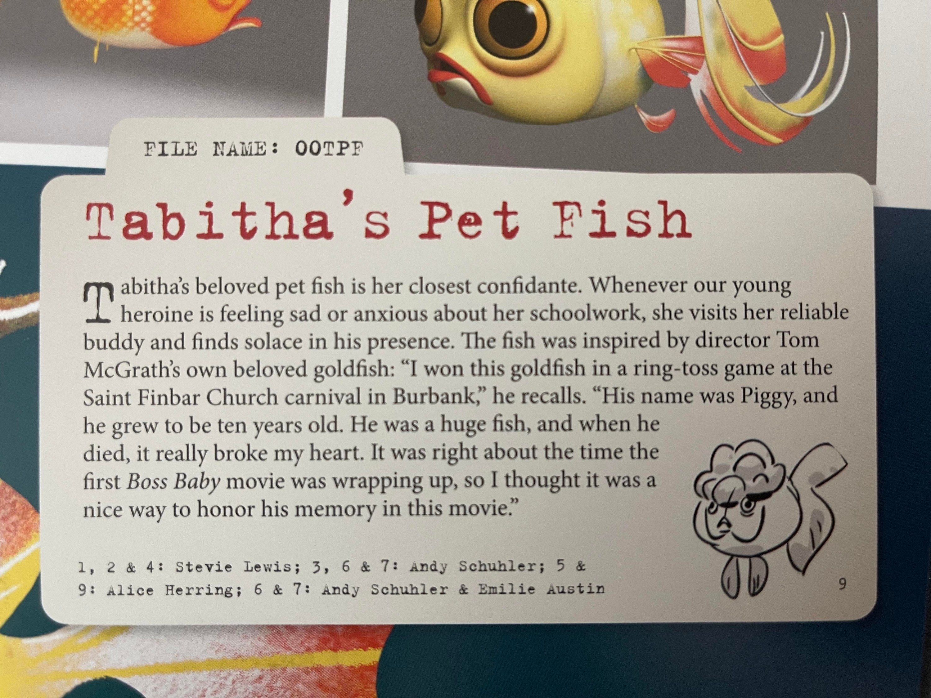 Page from a book telling the story of McGrath&#x27;s goldfish he won at a carnival in Burbank and how he was brokenhearted when he died as the movie was wrapping up