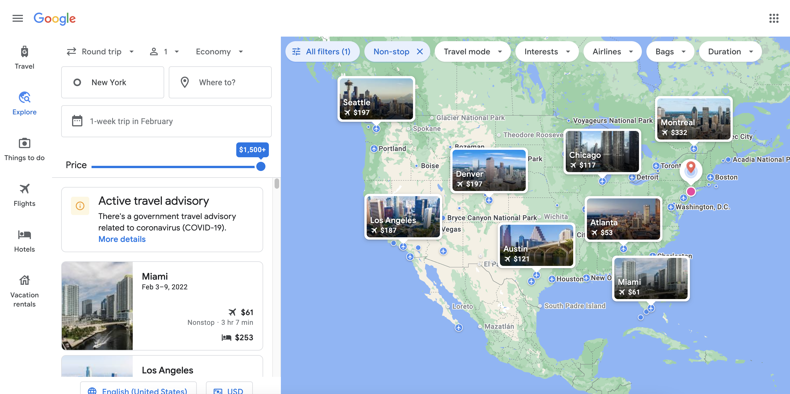 A screenshot from Google Flights explore feature