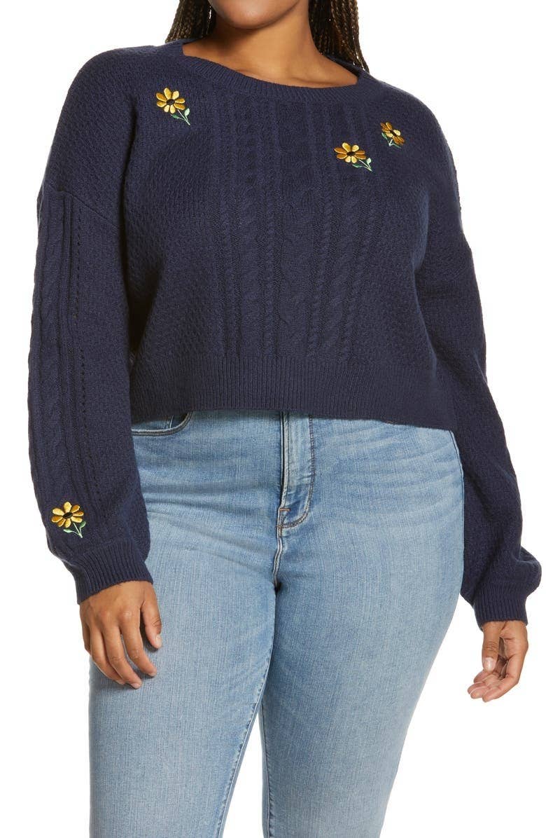 Alessandra Rich Wool Cat Intarsia Cropped Sweater in Light Blue