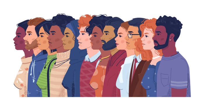 Illustration of people of different genders and ethnicities standing in profile