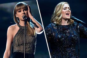 A close up of Taylor Swift as she wears a high neck beaded dress as she sings into a microphone and Adele wears a sparkly long sleeve gown as she sings into a microphone